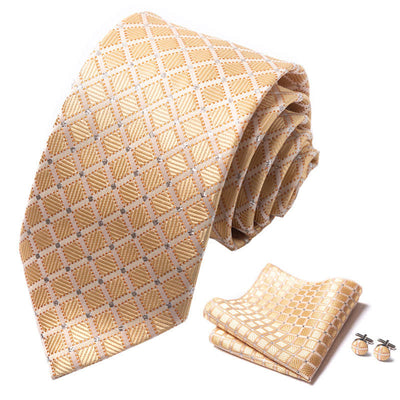 3Pcs Men's Tasteful Gold & Bisque Checked Necktie Set