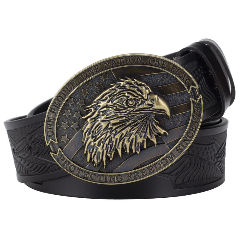 Men's Bald Eagle Head American Flag Buckle Leather Belt