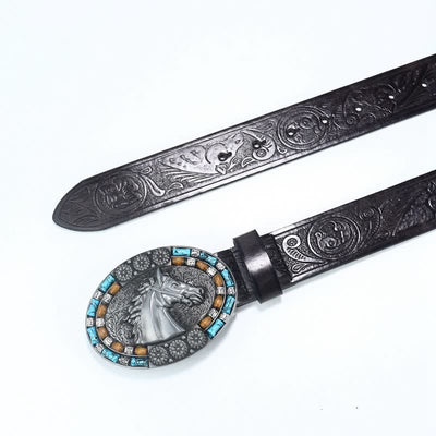 Men's Cowboy Horse Head Turquoise Leather Belt