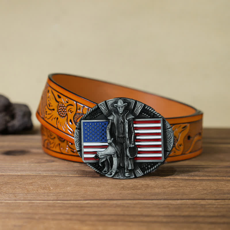 Men's DIY American Flag Cowboy Buckle Leather Belt