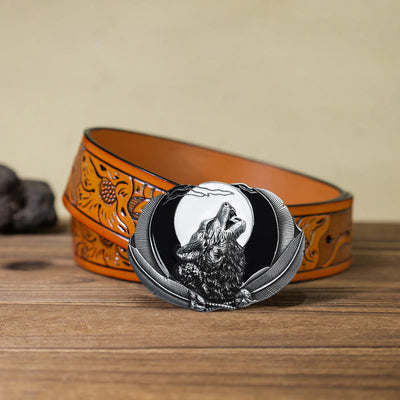 Men's DIY Howling Wolf Moon Oval Buckle Leather Belt