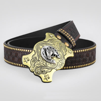 Men's Western Horse Relief Rivet Studded Leather Belt