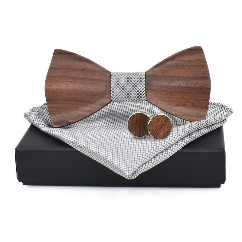 3Pcs Men's Plain Checkered Wooden Bow Tie Set