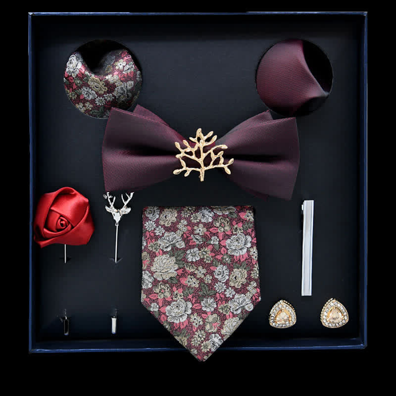 8Pcs Burgundy&Gold Floral Casual Necktie Bow Ties Gift Box