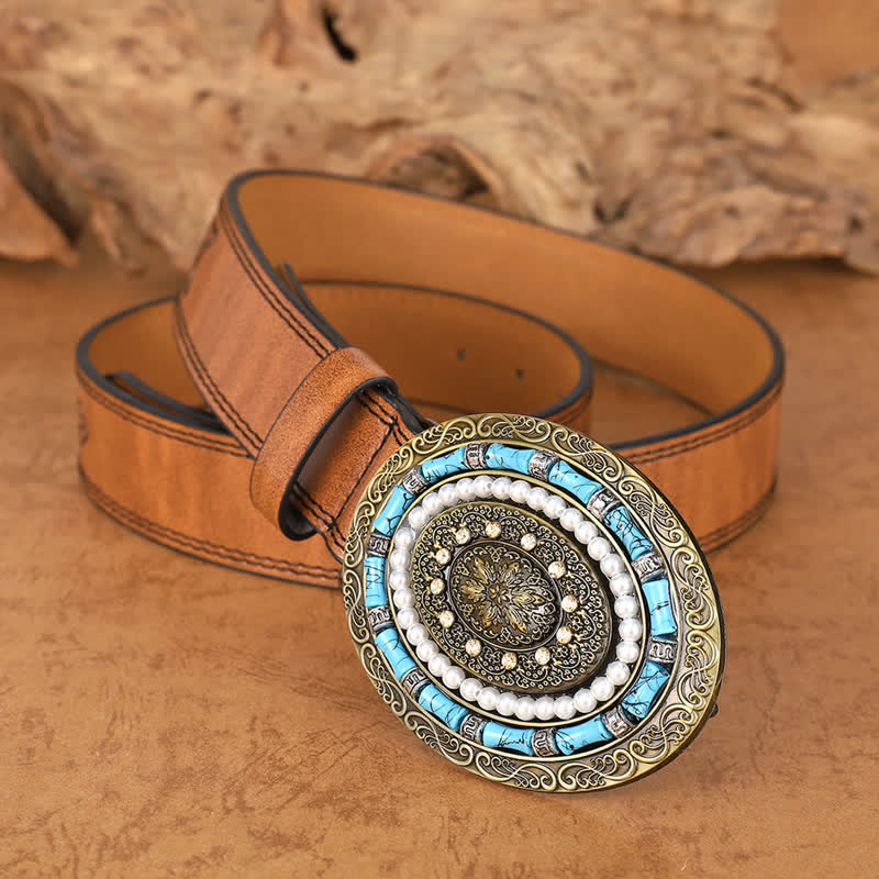 Women's Turquoise Pearl Boho Medallion Buckle Leather Belt