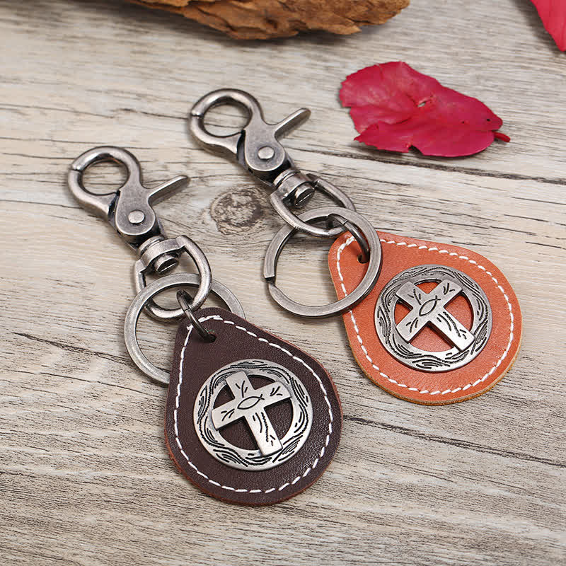 Retro Cross Hanging Pendant Leather Keychain