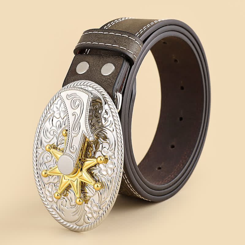 Men's Carved Star & Flower Leather Belt