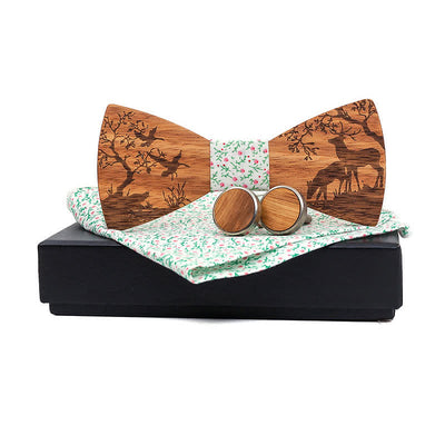 3Pcs Men's Fancy Christmas Elk Wooden Bow Tie Set