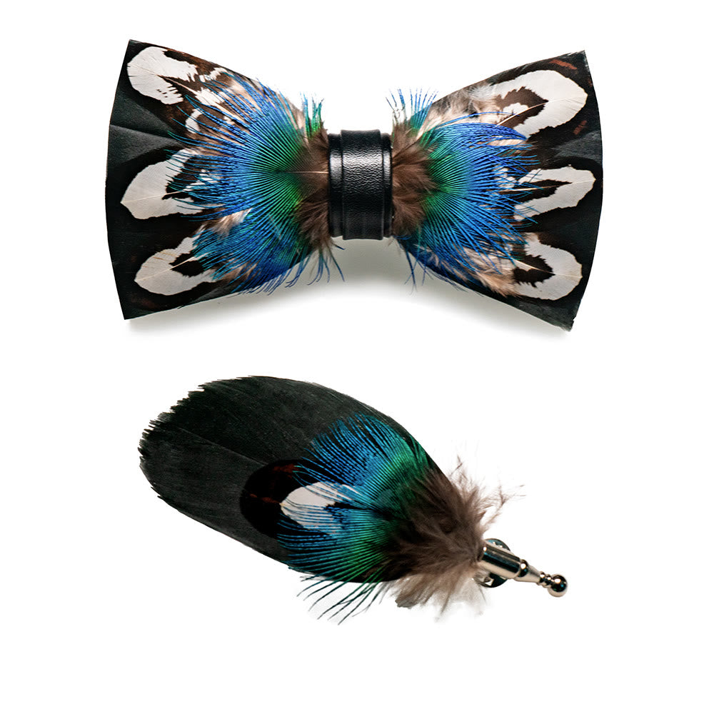 Blue & Black Noble Peacock Feather Bow Tie with Lapel Pin