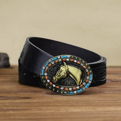 Men's DIY Horse Head Turquoise Buckle Leather Belt