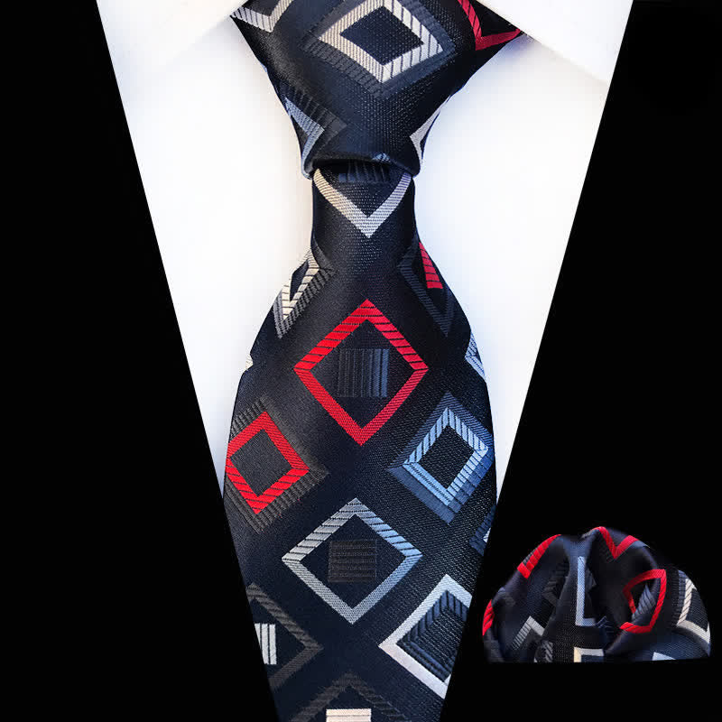 2Pcs Black & Red Men's Cubic Geometric Cravat Necktie Set