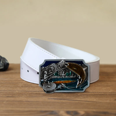 Men's DIY Fishing Enamel Rectangle Buckle Leather Belt