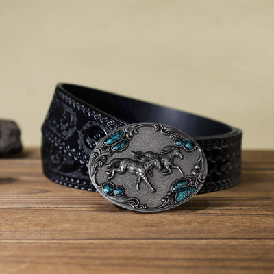 Men's DIY Running Horses Turquoise Bead Buckle Leather Belt