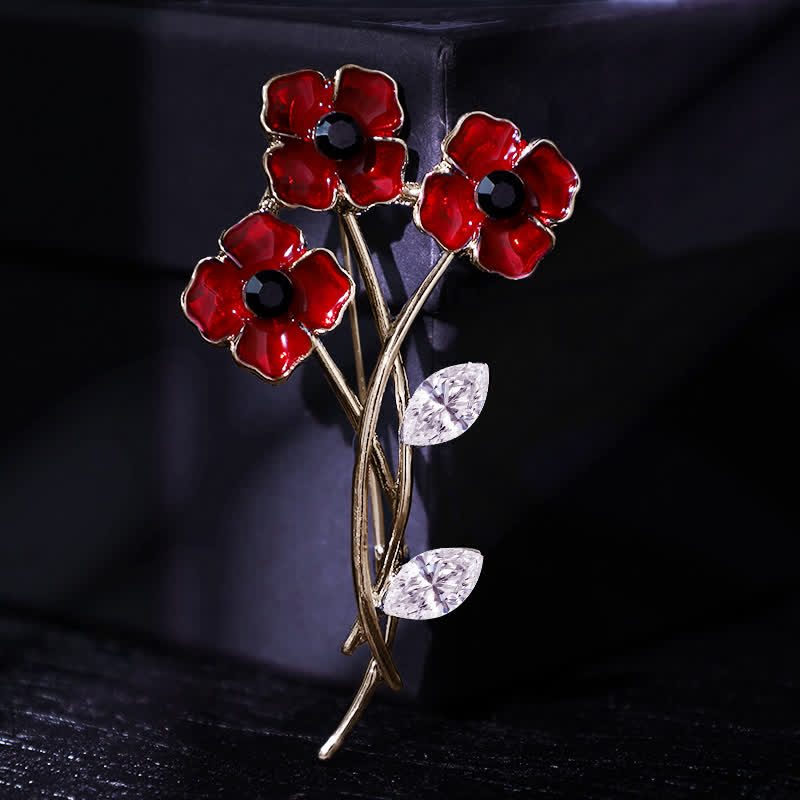 Unisex Red Poppy Bouquet Posy Stem Brooch