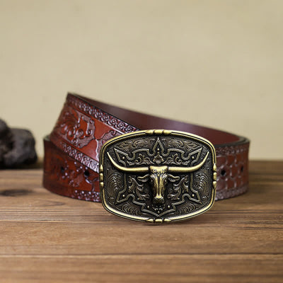 Men's DIY Raised Longhorn Bull Buckle Leather Belt