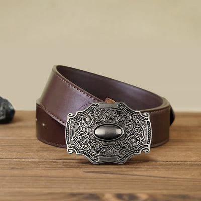 Men's DIY Engraved Floral Decor Buckle Leather Belt