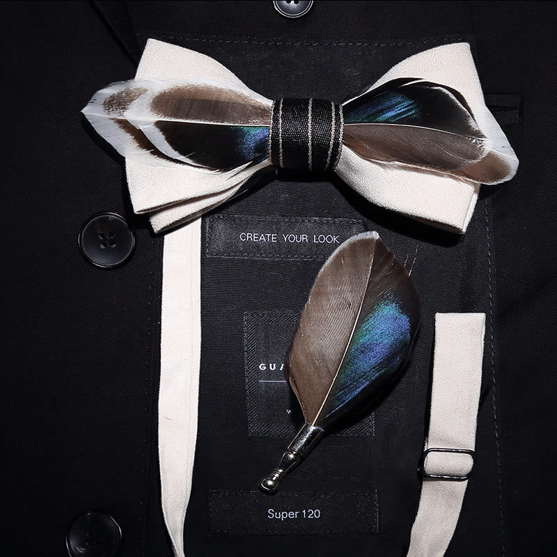 White Mallard Duck Feather Bow Tie with Lapel Pin