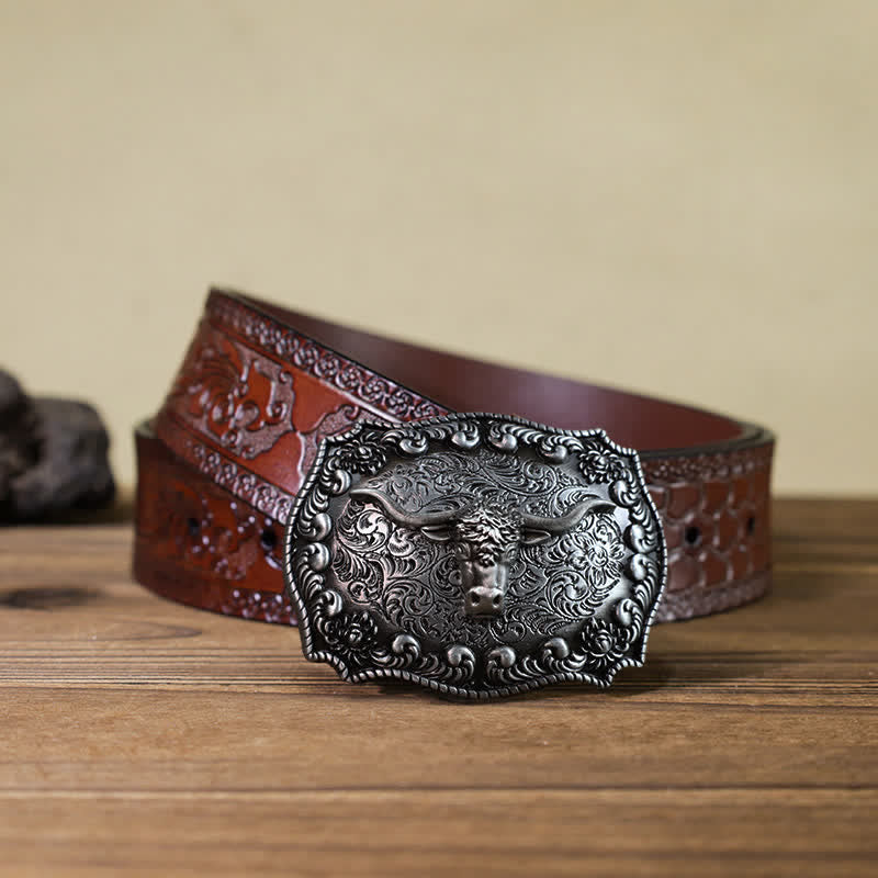Men's DIY Longhorn Bull Antiqued Silver Buckle Leather Belt