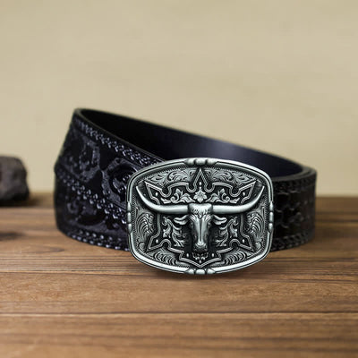 Men's DIY Raised Longhorn Bull Buckle Leather Belt