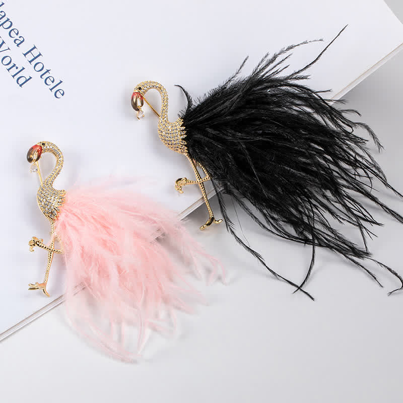 Sparkling Flamingo Zircon Feather Brooch