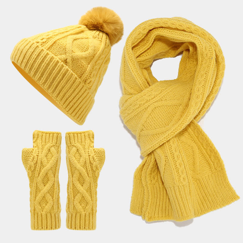 3Pcs Women's Cable Knitted Hat Scarf Fingerless Mittens Set