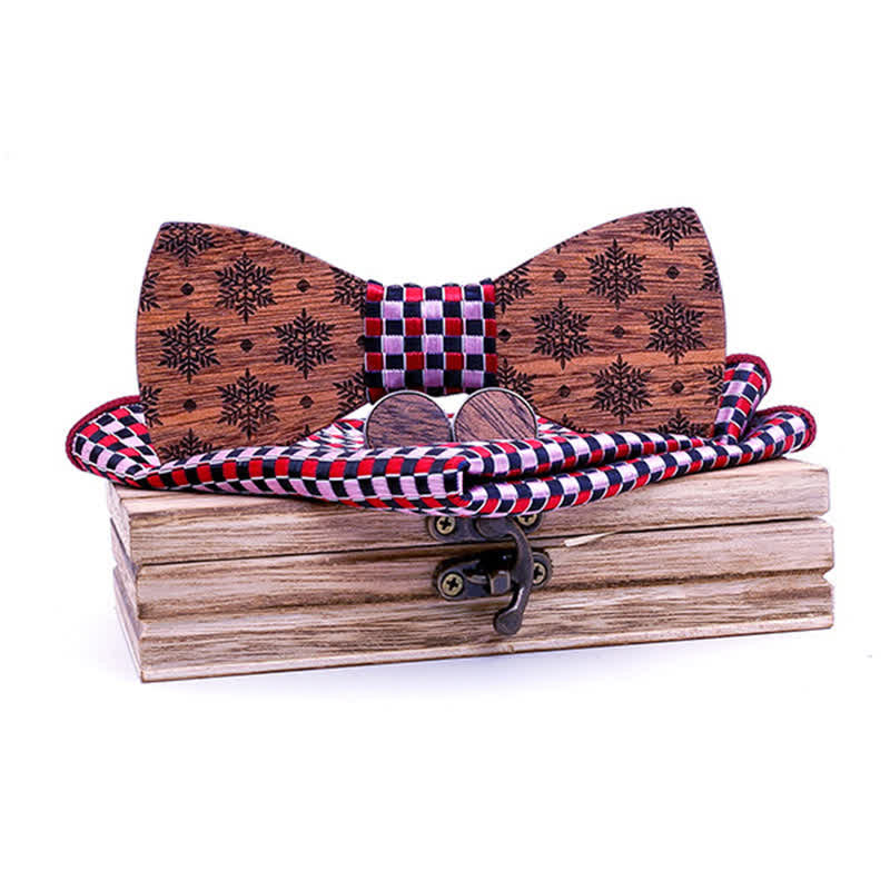 3Pcs Men's Snowflakes Pattern Christmas Wooden Bow Tie Set