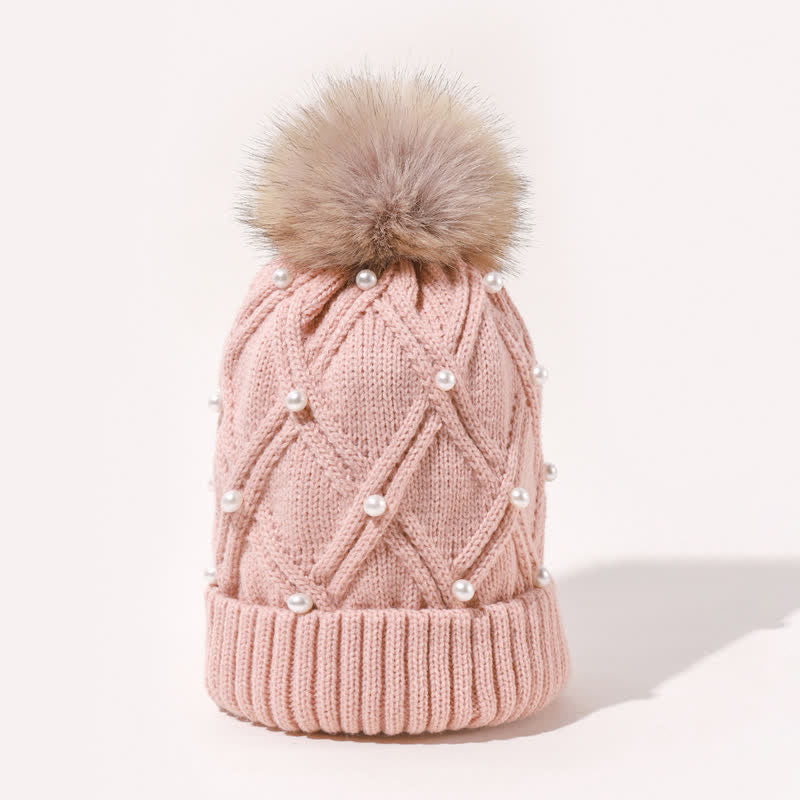 Women's Cute Pearls Deor Pompoms Stretchy Knitted Hat