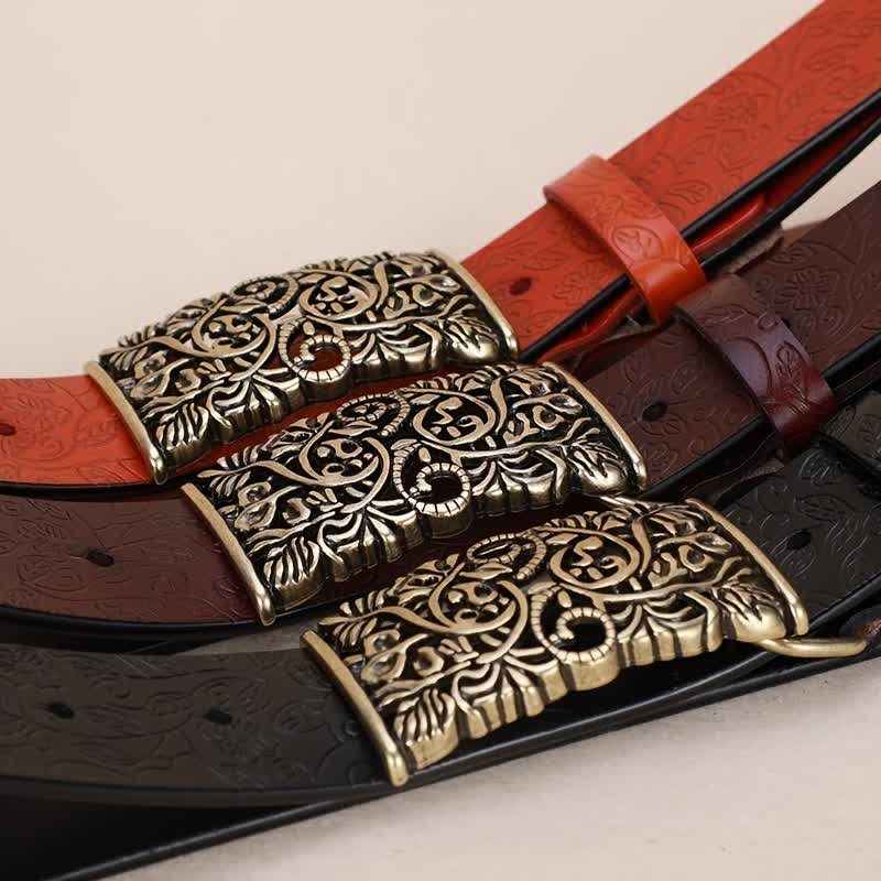 Women's Retro Embossed Hollow Flower Buckle Leather Belt