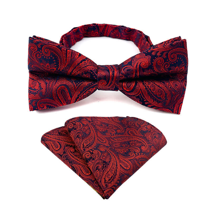 2Pcs Men's Flowery Paisley Bow Tie Pocket Square Set