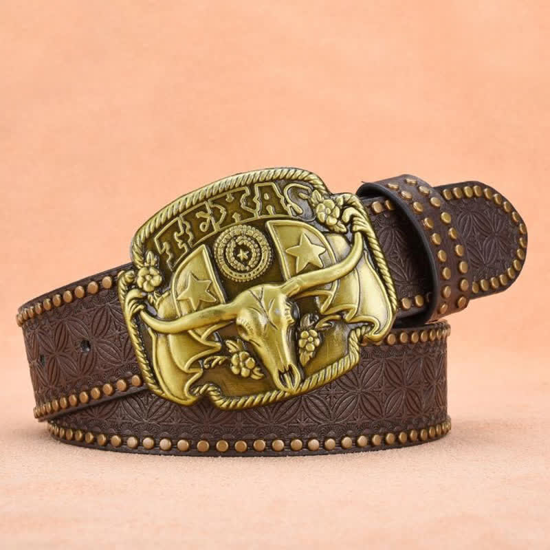 Men's Antique Longhorn Steer Rivet Leather Belt