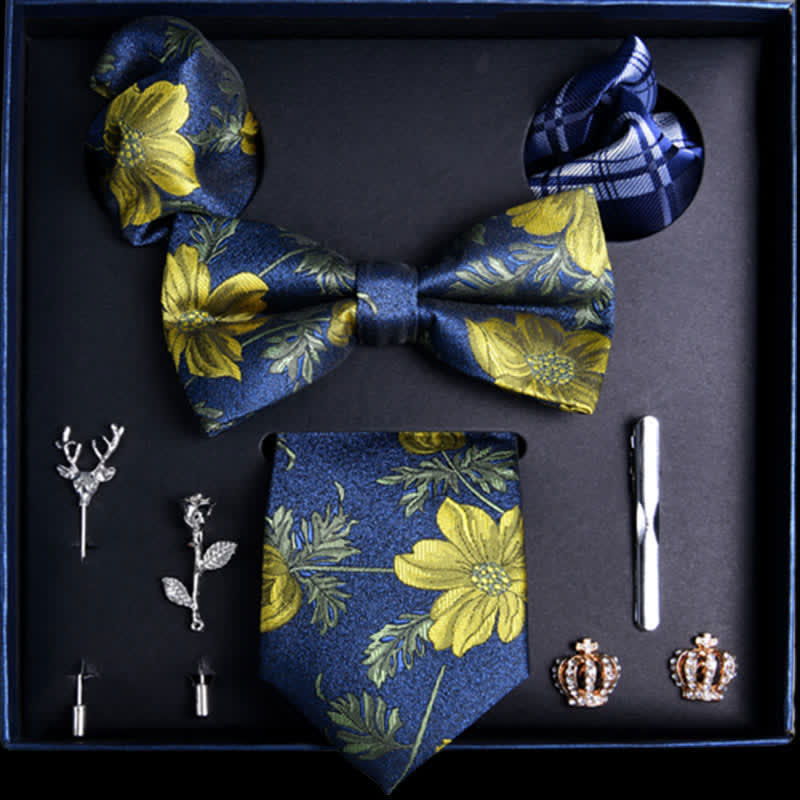 8Pcs RoyalBlue&Yellow Leaves Flower Vogue Necktie Bow Ties Gift Box