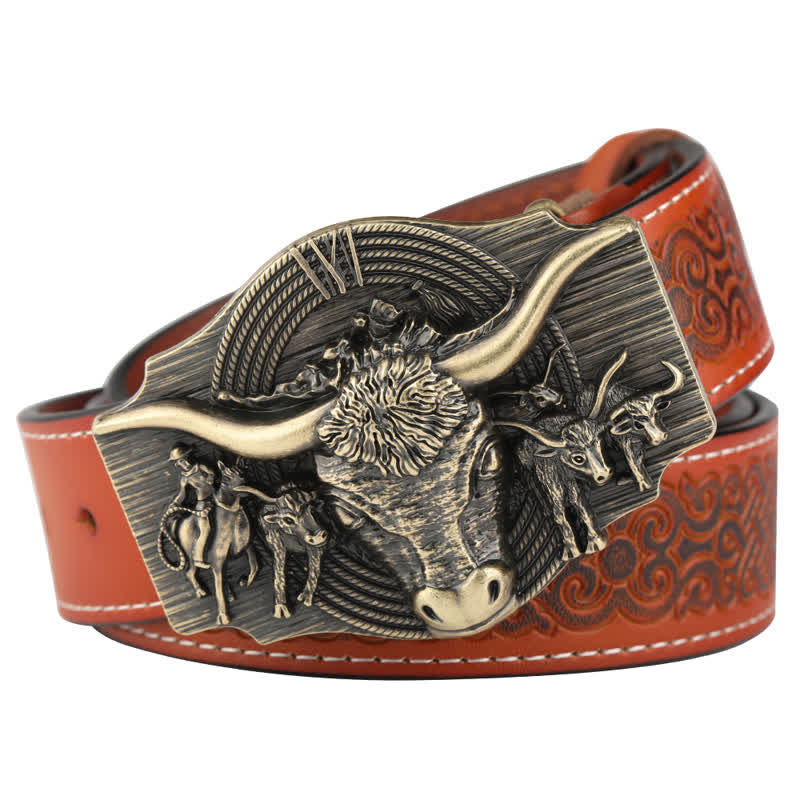 Men's Longhorn Bull Embossed Leather Belt