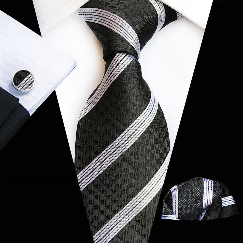 3Pcs Men's Business Black & White Striped Necktie Set