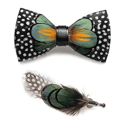 ForestGreen & Orange White Dots Feather Bow Tie with Lapel Pin