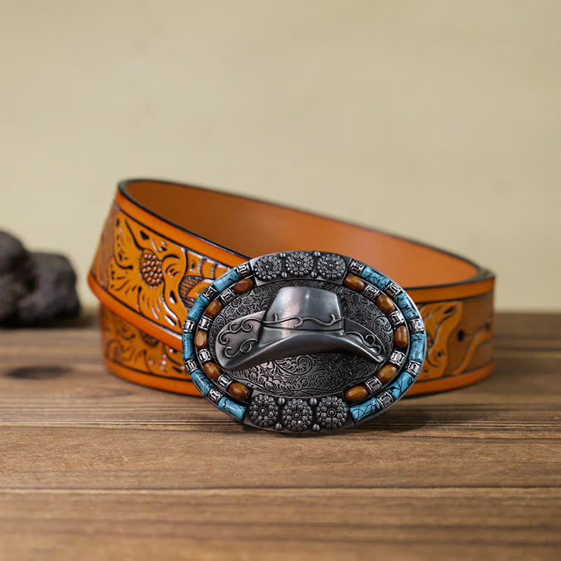 Men's DIY Cowboy Hat Turquoise Stone Buckle Leather Belt