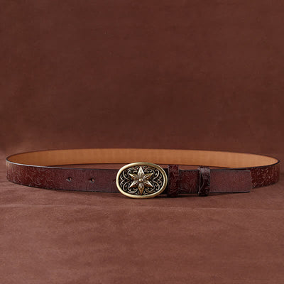 Women's Flower Embossing Five-Pointed Star Buckle Leather Belt