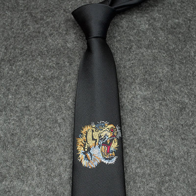 Men's Black Embroidery Tiger Necktie