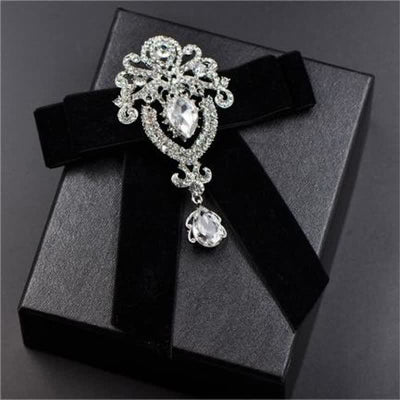 2Pcs Royal Rhinestone Brooch Velvet Bow Tie Set