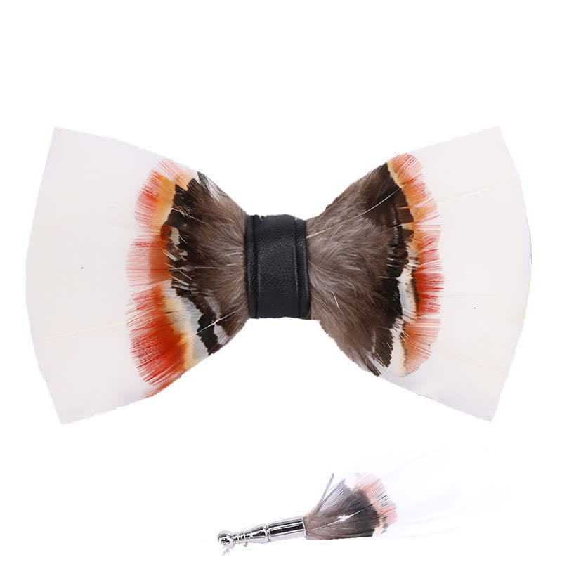 Elegant White Feather Bow Tie with Lapel Pin