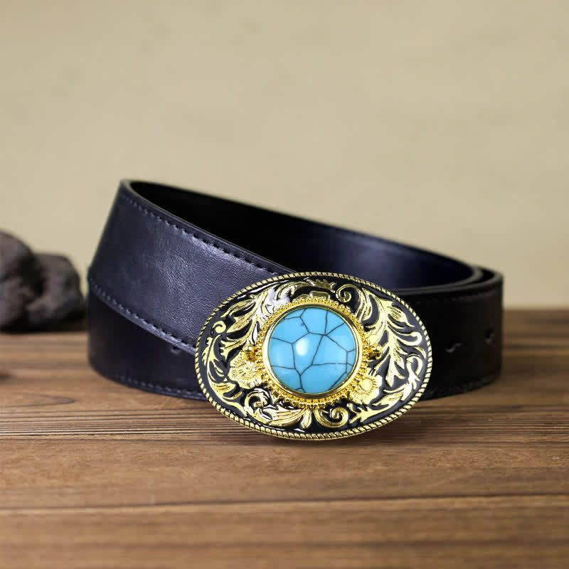 Men's DIY Gold Tone Faux Turquoise Ruby Buckle Leather Belt