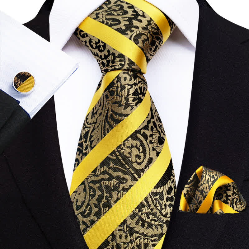 3Pcs Men's Yellow Striped Paisley Necktie Set