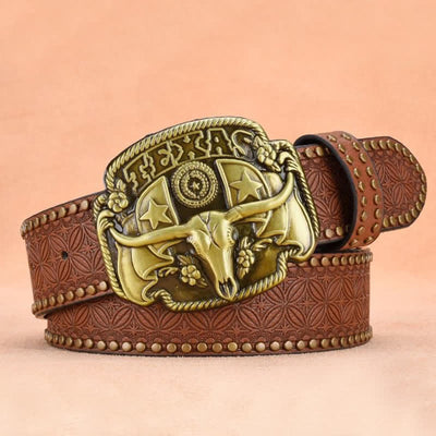 Men's Antique Longhorn Steer Rivet Leather Belt