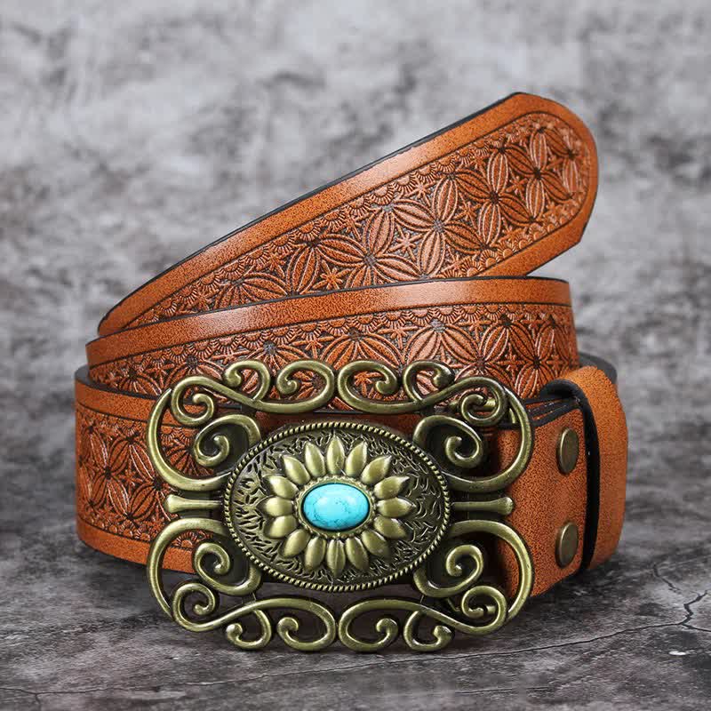 Men's Hollow Out Buckle Turquoise Inlaid Leather Belt