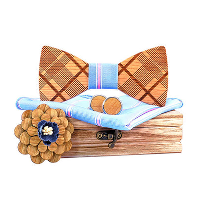 4Pcs Men's Carved Plaids Wooden Bow Tie Set