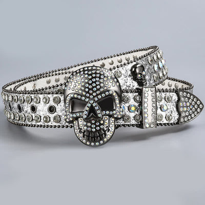 Punk Death Ghost Rhinestone Beaded Leather Belt