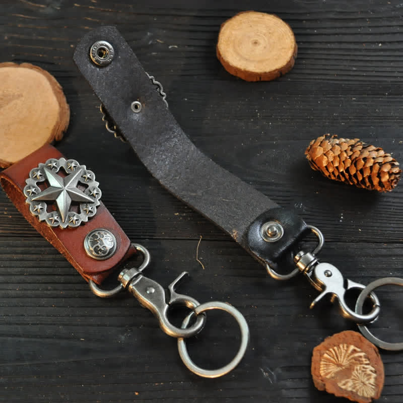 Lone Star Badge Cowhide Leather Keychain