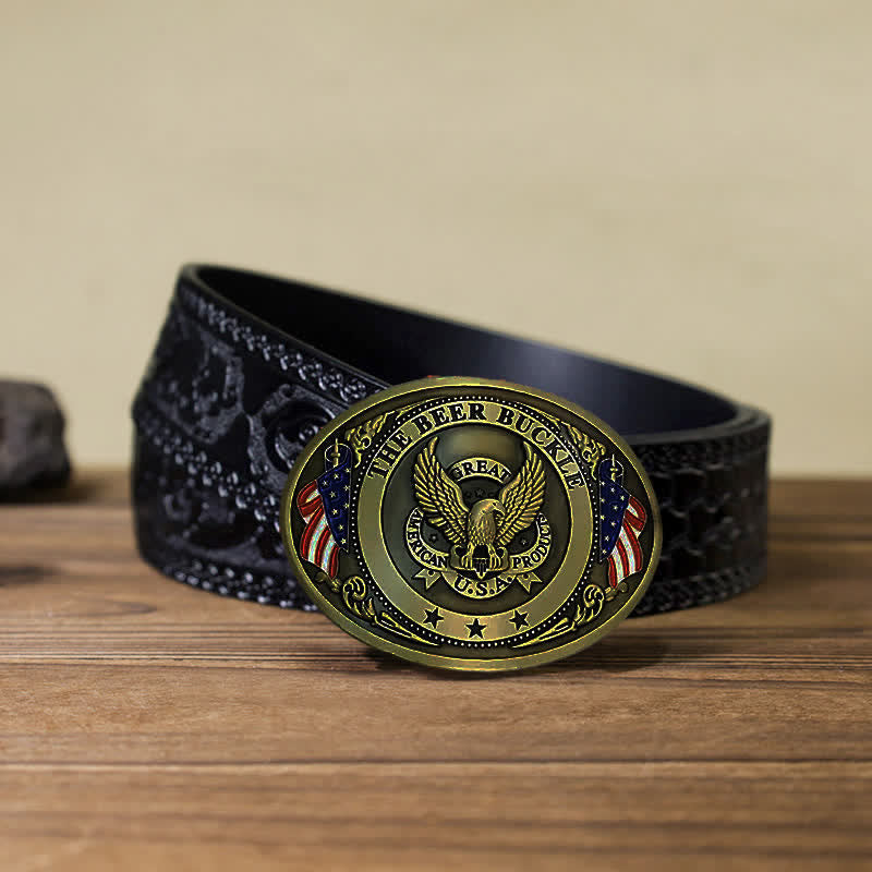 Men's DIY Eagle USA Flag Creative Beer Holder Buckle Leather Belt
