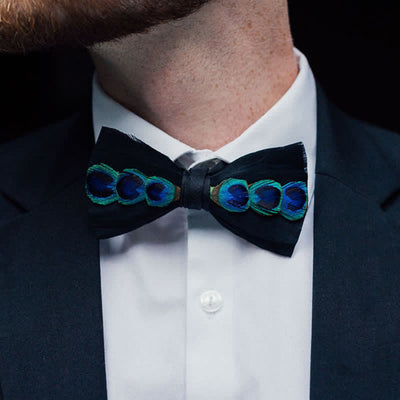 Blue & White Dye Eye Peacock Feather Bow Tie