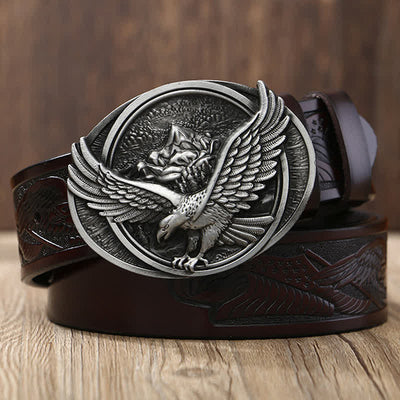 Men's Novelty Flying Eagle Buckle Carved Pattern Leather Belt