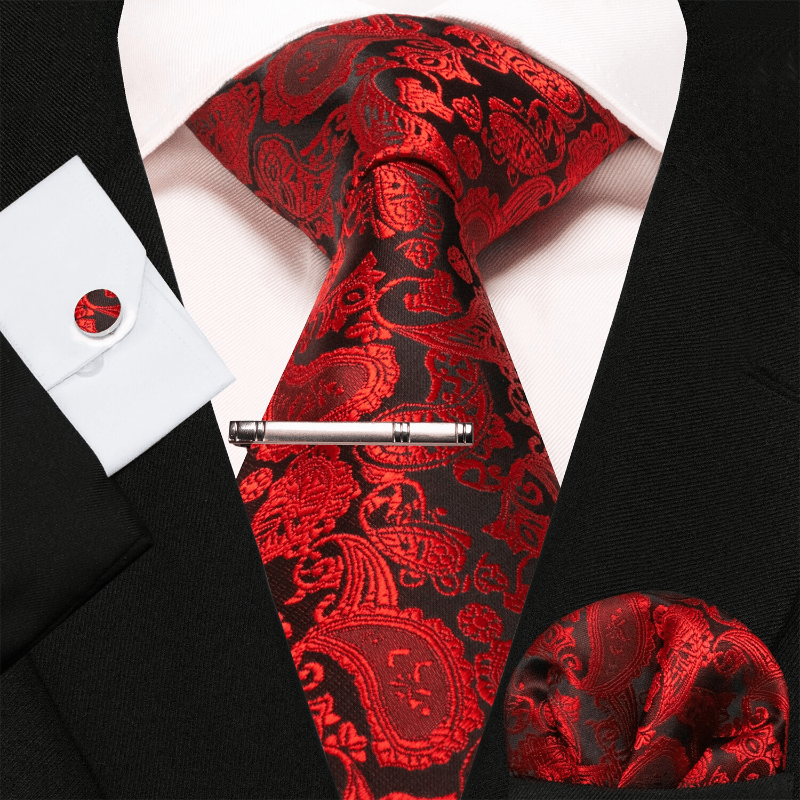 4Pcs Red & Black Men's Glamorous Paisley Necktie Set